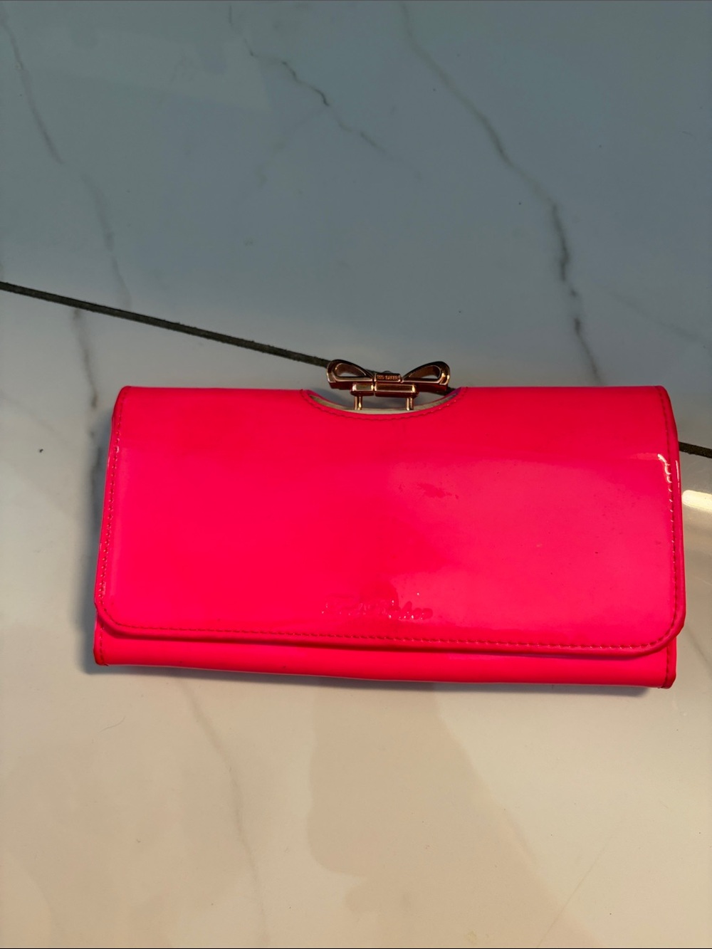 Ted Baker Patent Leather Pink Clutch Wallet with Bow Accent